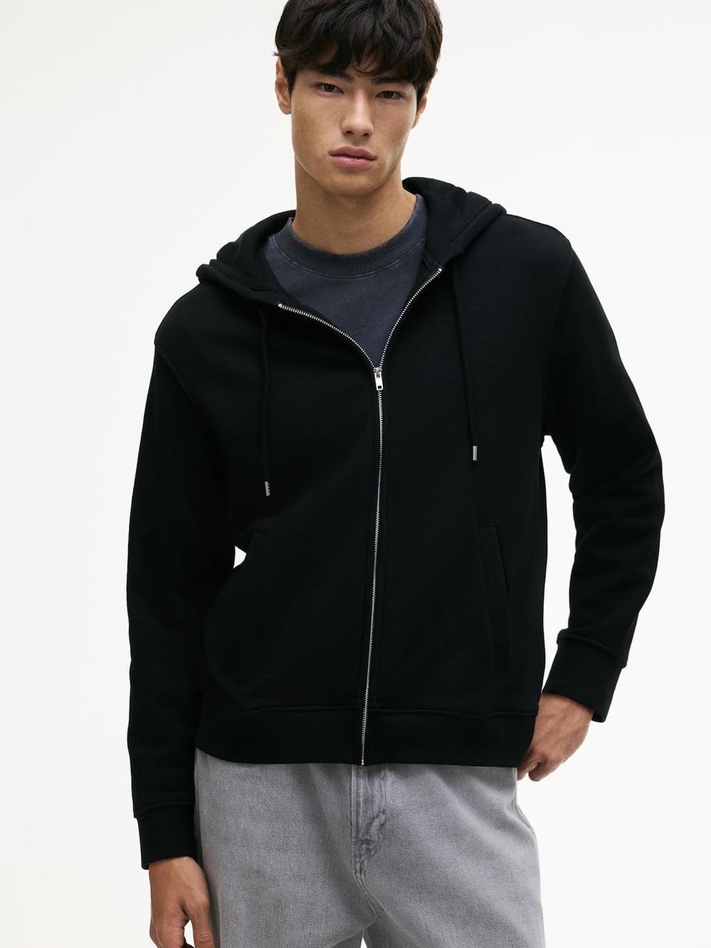 H&M Regular Fit Black Full Zip Hoodie Men’s Medium Basic Cotton Blend Sweatshirt